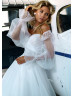 Off Shoulder White Organza Sweet Wedding Dress With Horsehair Trim